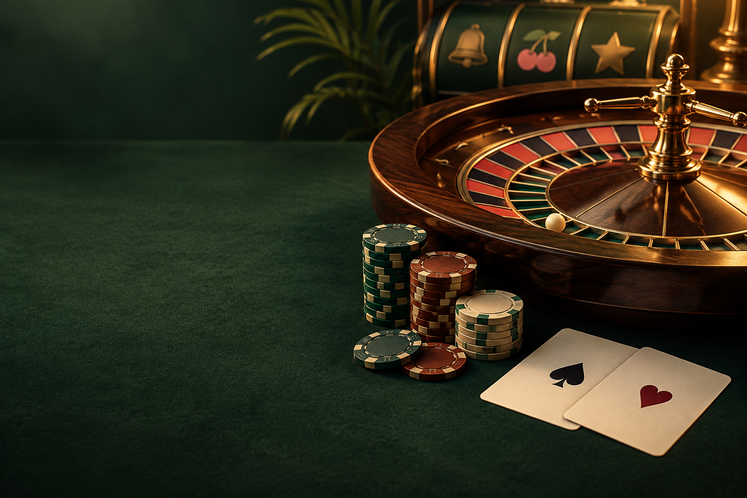 Ilustrasi roda roulette, kartu, dan keping dengan cahaya tembaga